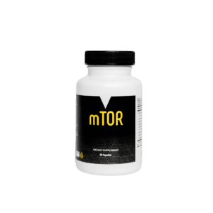 White supplement bottle labeled mTOR