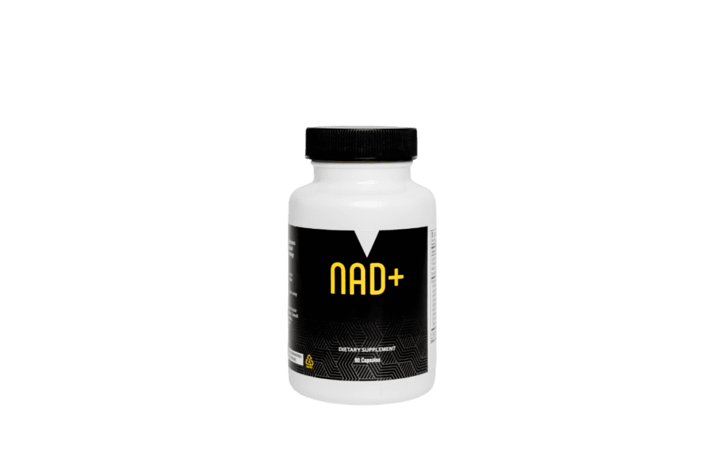 NAD+ supplement bottle on black background