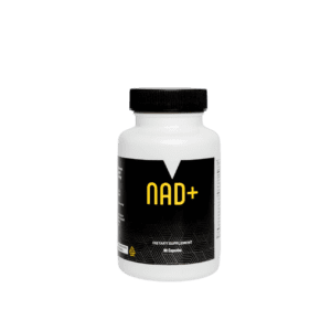 NAD+ supplement bottle on black background