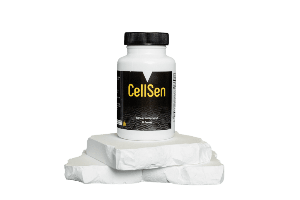 A bottle of cellsen is sitting on some white blocks.