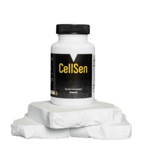 A bottle of cellsen is sitting on some white blocks.