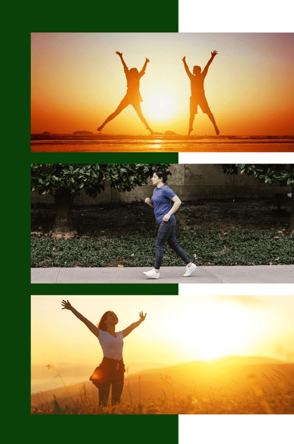 Outdoor fitness collage: jumping, jogging, celebrating