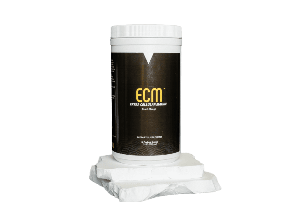 A container of ecm is sitting on the floor.
