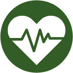 A green heart with an ecg line in the middle of it.