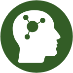 A green and white icon of a person 's head with a link to the brain.